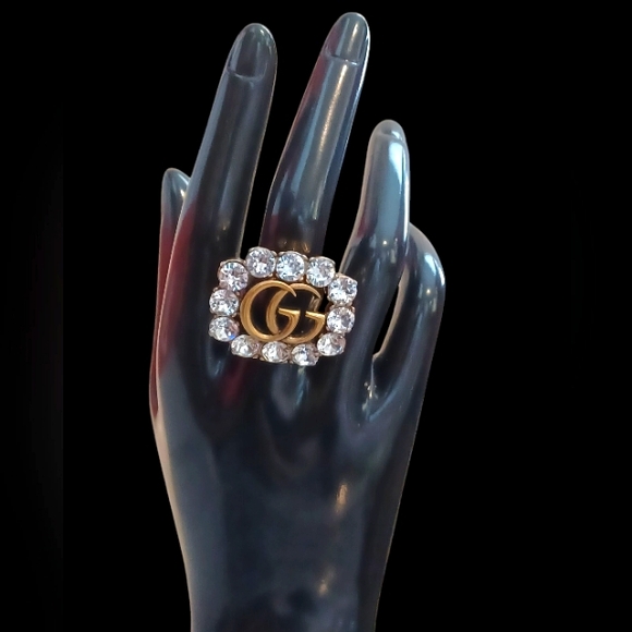 Authentic GUCCI metallic gold GG Marmont Rhinestone Ring - Picture 1 of 7